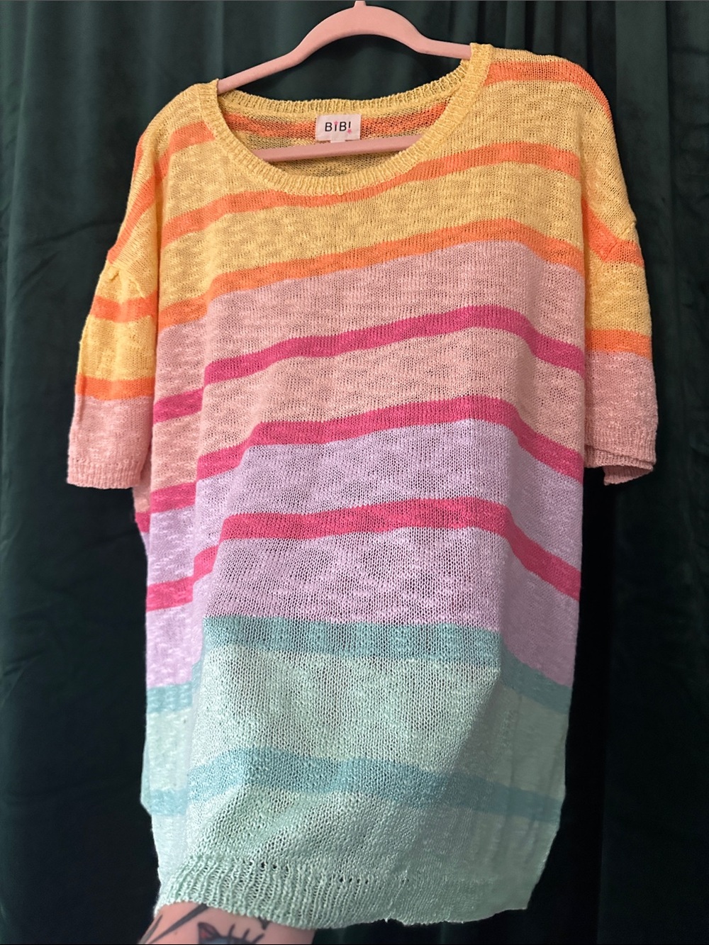 BiBi Pastel Multicolor Stripe Crewneck Sweater - Yellow, Pink, Purple, Mint - Picture 4 of 6